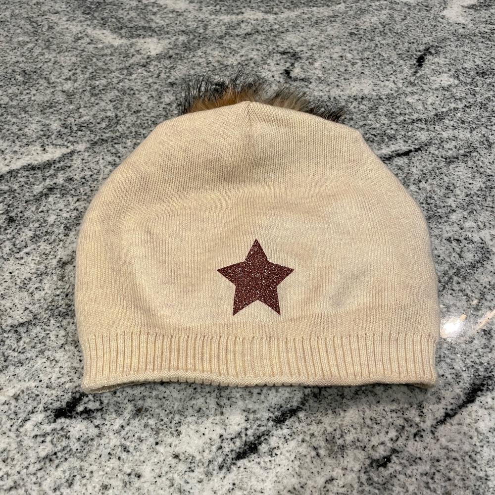 New Custom Designed Tan Pom Pom Beanie with Glitter Brown Star.